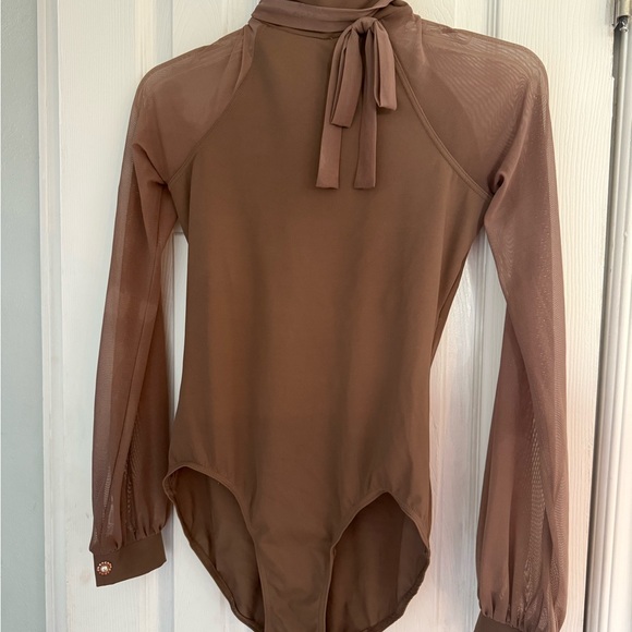 Balera Dance Brown Long Sleeve Bodysuit with Tie Neck Women’s size small adult - Picture 2 of 6